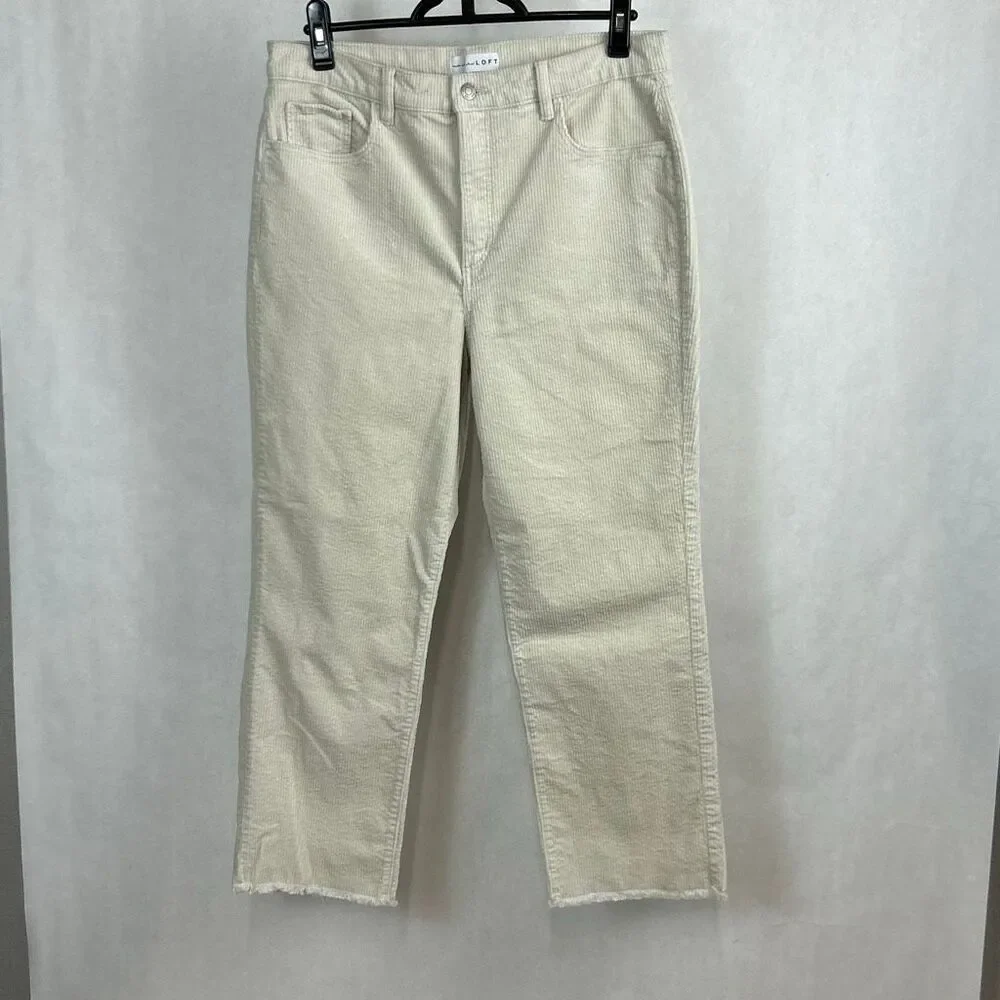 Loft Corduroy Trousers Pants Sz 12 / 31 Cream Raw Hem High Rise Straight 25.5” I